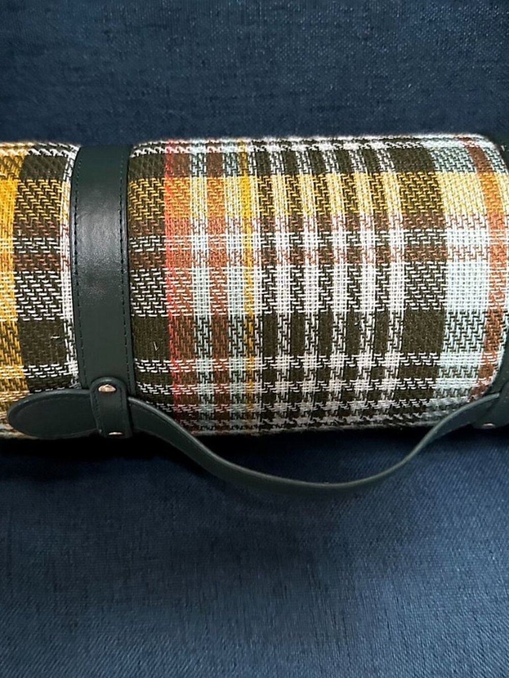 Talbots Plaid Picnic Blanket with Leather Carry Strap, Brown/Yellow/Orange Tarta